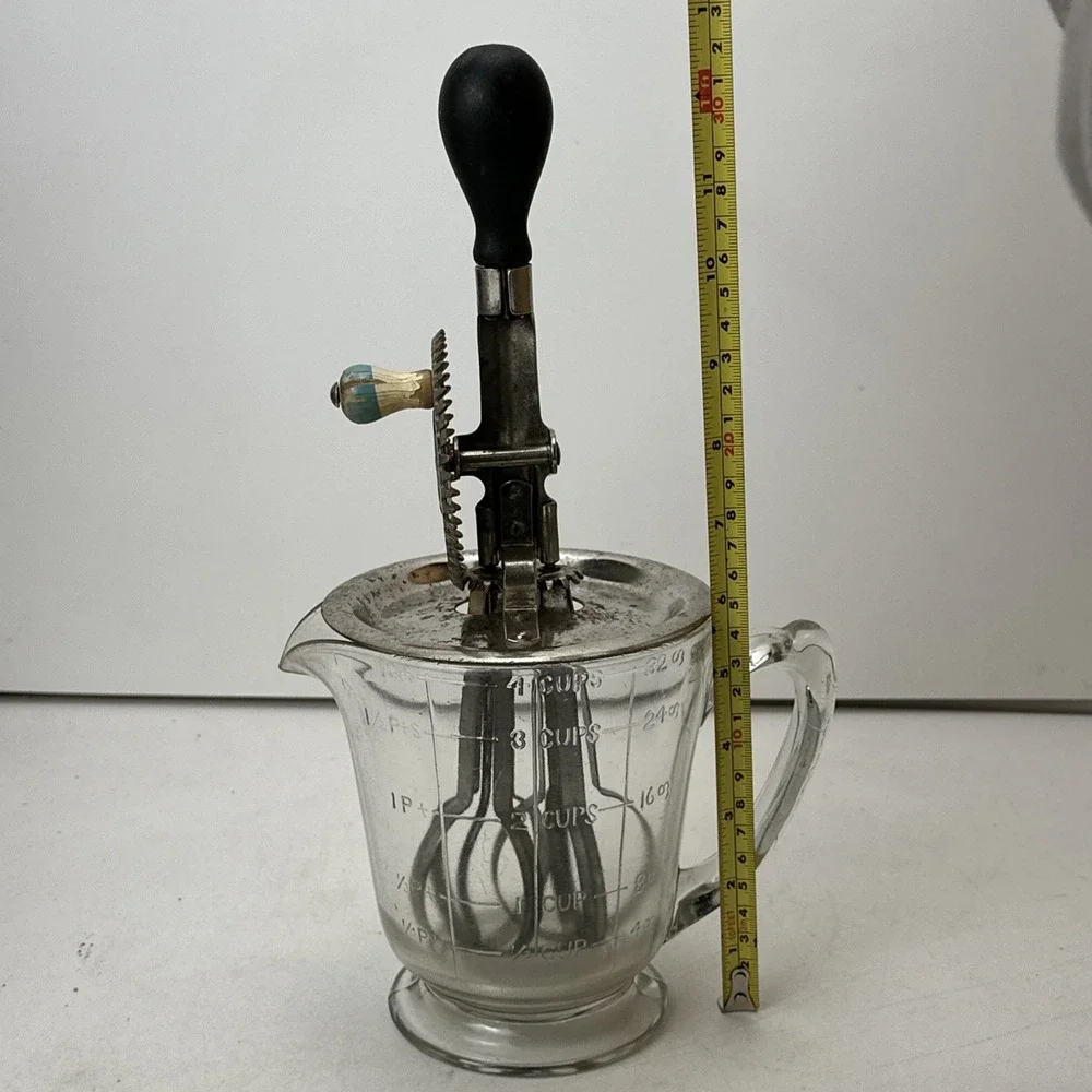 Vintage 1923 A & J Hand Mixer Egg Beater Wood Handle w/ Glass Measuring 4 Cups
